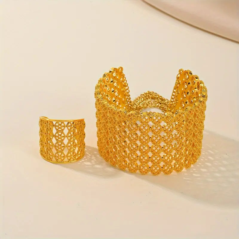 Vintage Luxury 18K Golden Plated Wide Cuff Bracelet and Ring Set