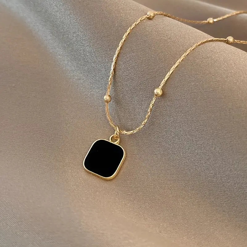 Black Square Pendant Necklace Golden Neck Chain Jewelry