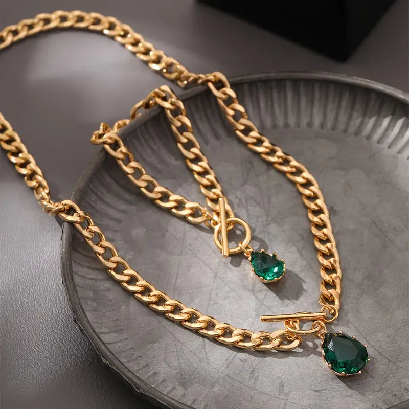 Necklace + Bracelet French Romantic Style Jewelry Set OT Buckle + Chain Design Inlaid Zirconia In Waterdrop Shape