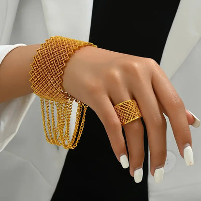 Vintage Luxury 18K Golden Plated Wide Cuff Bracelet and Ring Set
