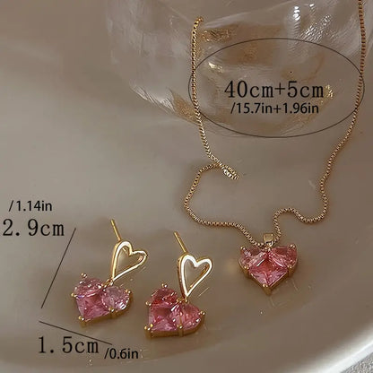 Heart Shape Shiny Rhinestone Decor Dangle Earrings &amp; Pendant Necklace Elegant Y2K