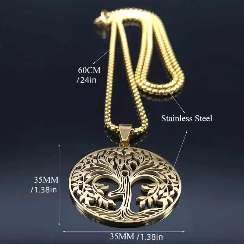 Golden Stainless Steel Necklace With A Large Tree-shaped Pendant