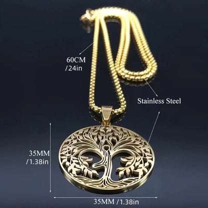 Golden Stainless Steel Necklace With A Large Tree-shaped Pendant