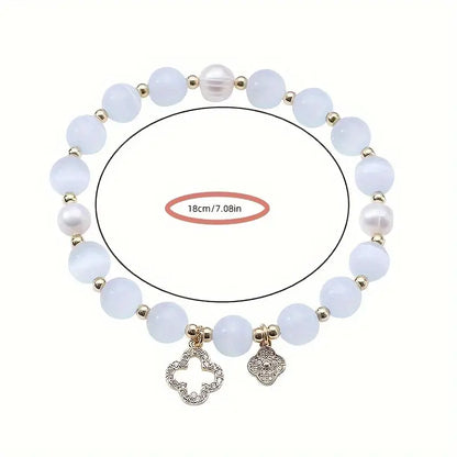 Chic Four-Leaf Clover Glass Bead Bracelet for Women - Stretchy Elastic Cord