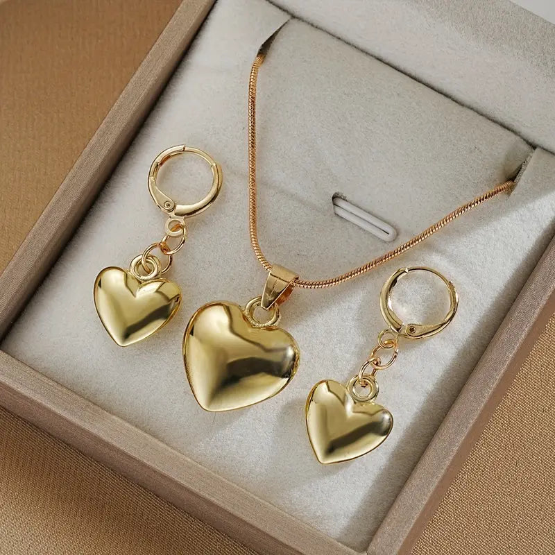 Drop Earrings + Necklace Chic Jewelry Set Golden Heart Design Match Daily Outfits Party Accessories