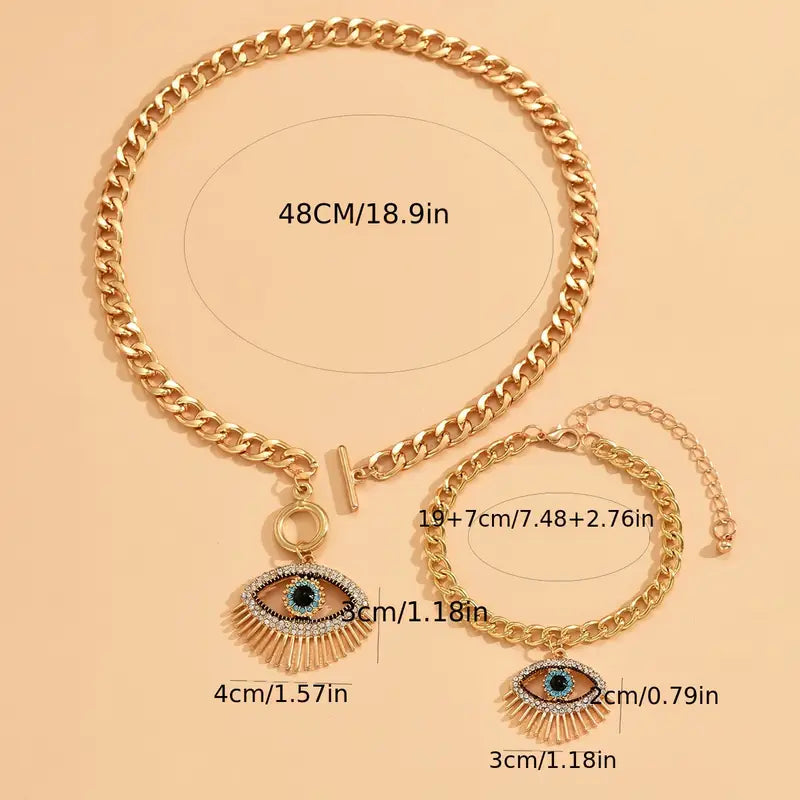 Set Of 2 Trendy And Simple Chain Eye Pendant Necklace And Bracelet Jewelry Set