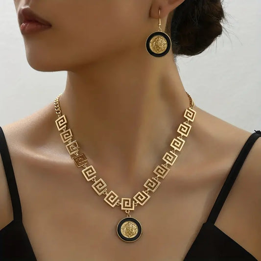 1set Fashionable Classic Necklace And Earrings Set, Enamel Glaze Lion Head Great Wall Pattern Chain Jewelry