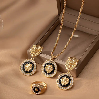 Vintage Lion Head Jewelry Set for Women - Jewelry Sets with Pendant Necklace, Earrings, Ring, Zinc Alloy