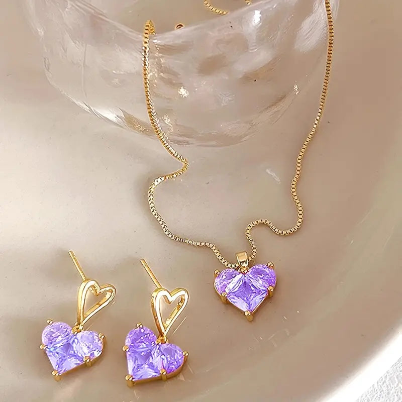Heart Shape Shiny Rhinestone Decor Dangle Earrings &amp; Pendant Necklace Elegant Y2K