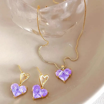 Heart Shape Shiny Rhinestone Decor Dangle Earrings &amp; Pendant Necklace Elegant Y2K