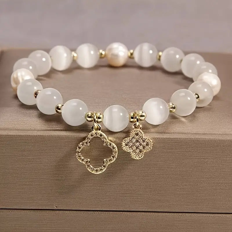 Chic Four-Leaf Clover Glass Bead Bracelet for Women - Stretchy Elastic Cord
