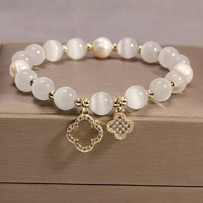Chic Four-Leaf Clover Glass Bead Bracelet for Women - Stretchy Elastic Cord