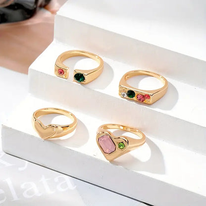 4pcs Y2k Style Stacking Rings Chunky Heart/ Colorful Geometry Design Inlaid Rhinestone