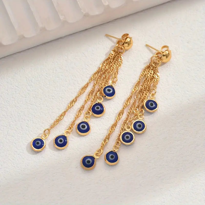 Chic 18K Gold-Plated Tassel Earrings with Blue Eye Accents - Boho/Cute Style