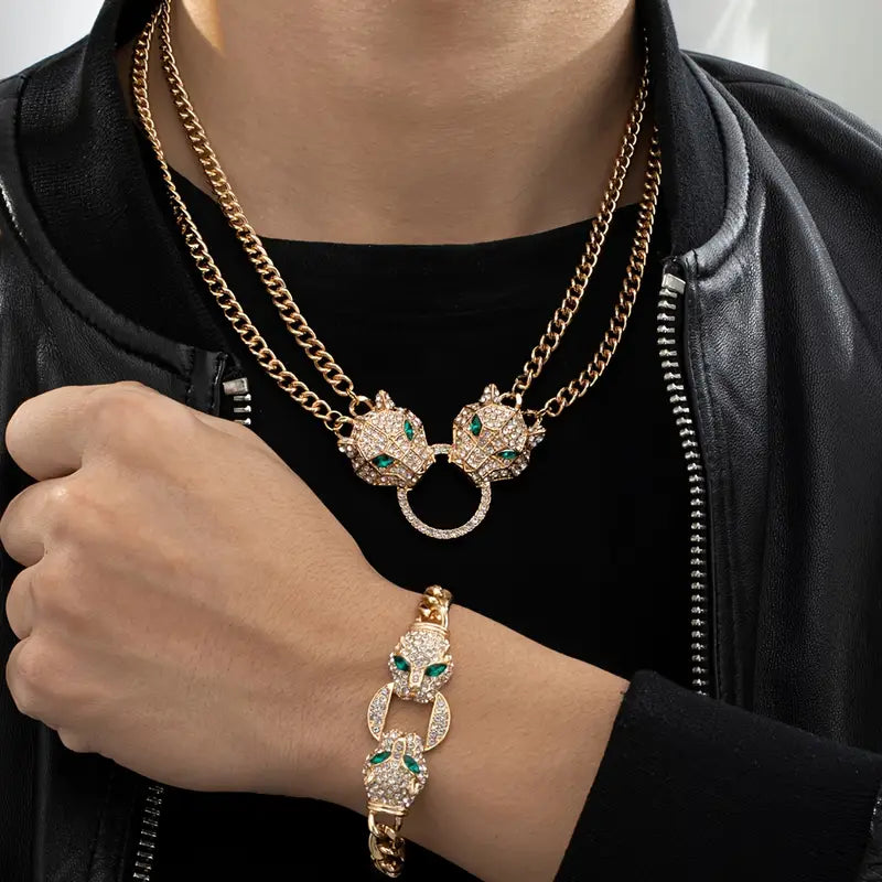 2pcs/set Trendy Hip-hop Style Inlaid Rhinestones Necklace And Bracelet Set, Double-layer Chain Set