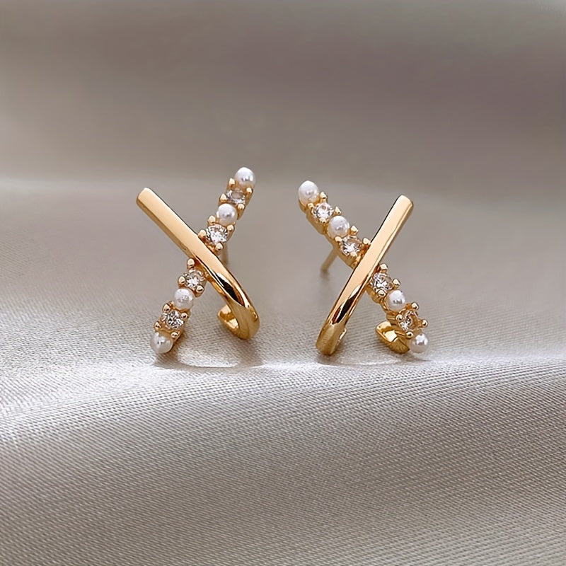 Tiny Delicate X Design Stud Earrings Zinc Alloy Jewelry Embellished With Imitation Pearl Elegant Simple Style For Women Daily Casual