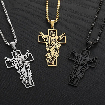 Men's Fashionable Stainless Steel Cross Pendant Necklace, Hip Hop Christian Jewelry