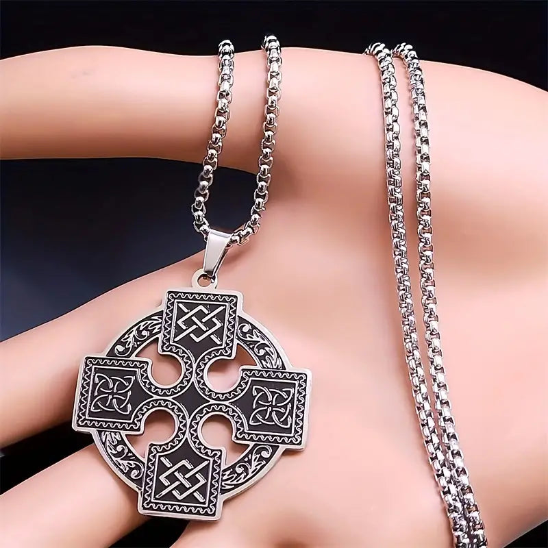 Funky Viking Celtic Knot Pendant Necklace, Stainless Steel Sun Cross Street Hip Hop Men's Chain