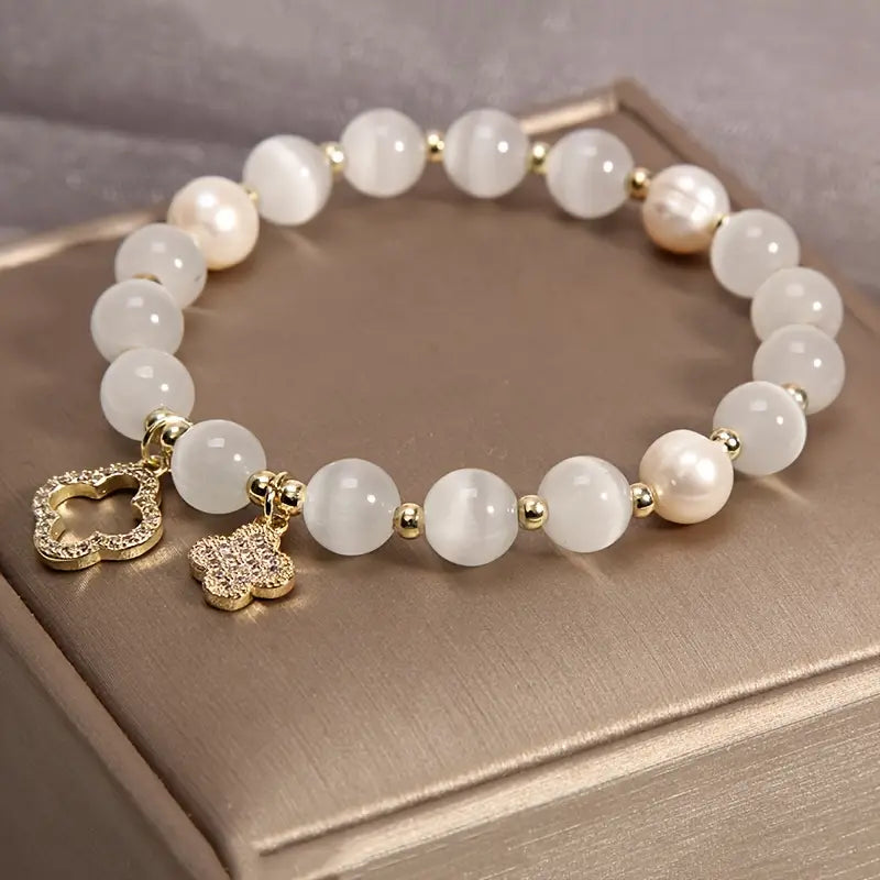 Chic Four-Leaf Clover Glass Bead Bracelet for Women - Stretchy Elastic Cord