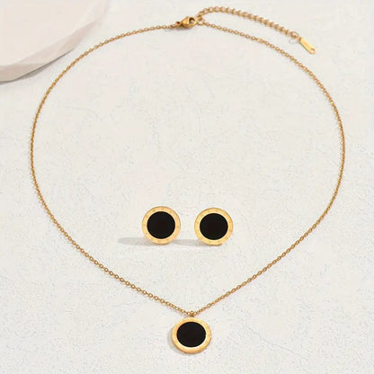 Geometric Round Jewelry Set Black Seashell Bordered Necklace Stud Earrings Jewelry Set