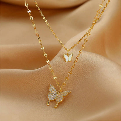 Double Layer Alloy Necklace With -encrusted Butterfly Pendant