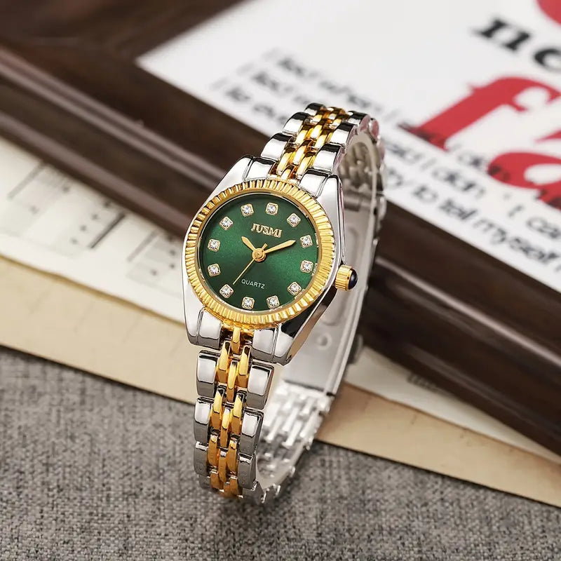 Elegant Ladies' Quartz Wrist Watch with Round Aurora Shell Dial -Green