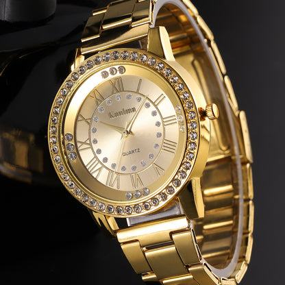 Fashion Rhinestone Stainless Steel Strap Quartz Wrist Watch & Bracelet Set, Ideal choice for Gifts