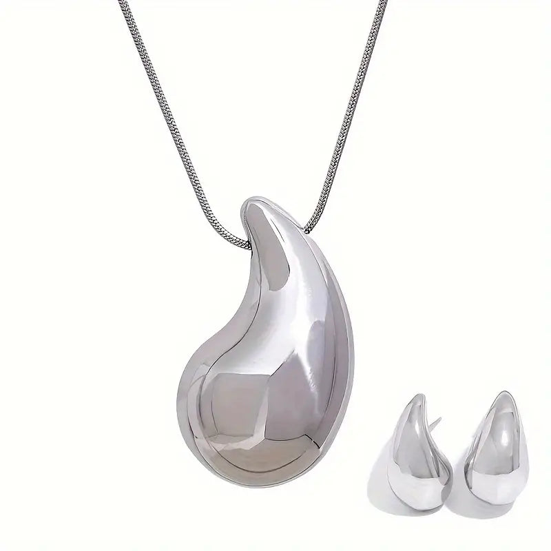 1 Pair Of Earrings + 1 Necklace Minimalist Style Jewelry Set Chunky Waterdrop Design Silvery