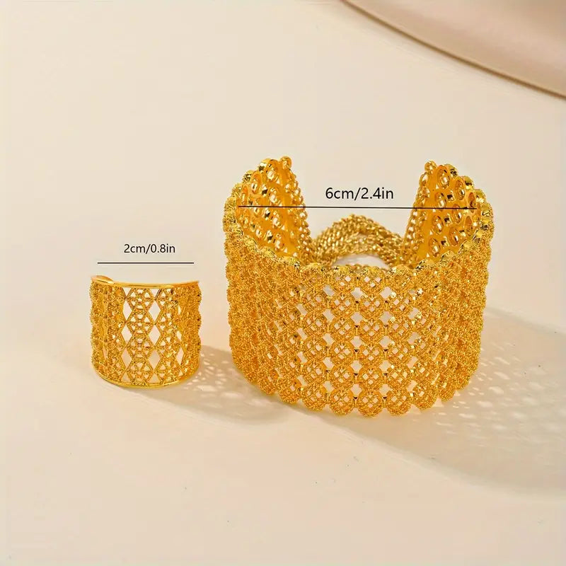 Vintage Luxury 18K Golden Plated Wide Cuff Bracelet and Ring Set