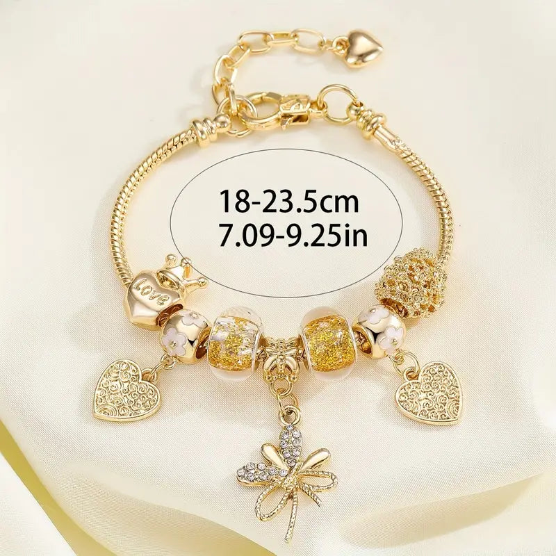 Elegant & Cute Heart Crown Beaded Bracelet With Bow Pendant