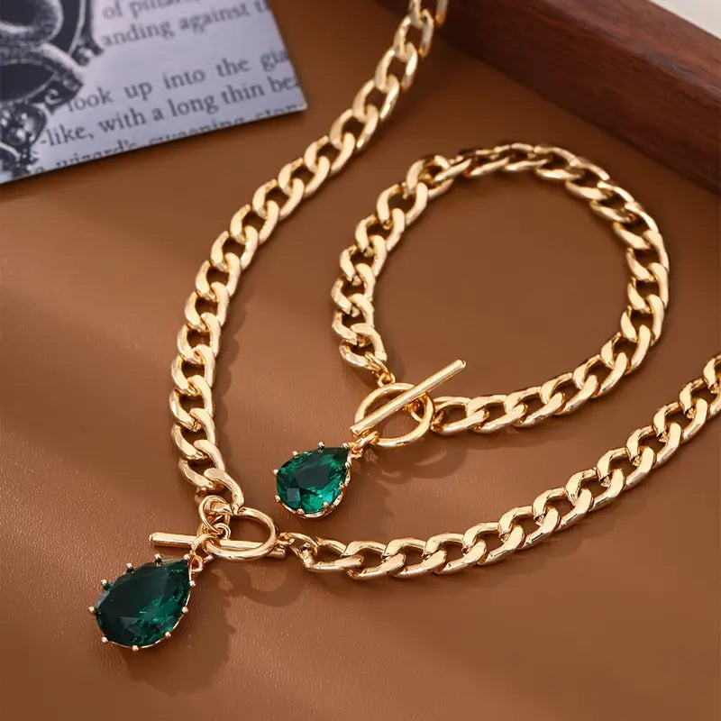 Necklace + Bracelet French Romantic Style Jewelry Set OT Buckle + Chain Design Inlaid Zirconia In Waterdrop Shape