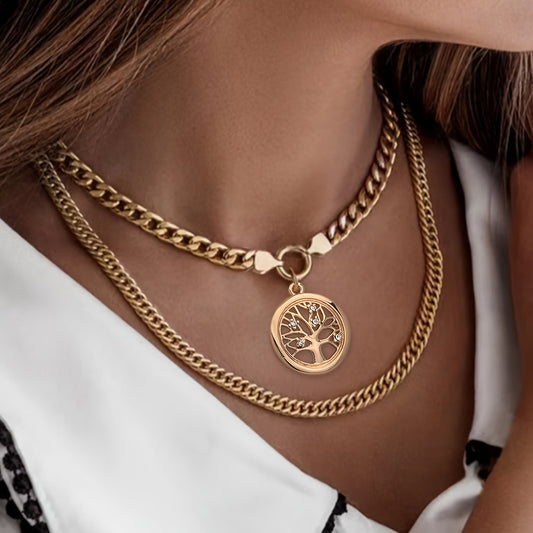 2pcs/set Layered Necklace, Classic Retro Life Tree Pattern Round Pendant Necklace, Chunky Cuban Link Chain Necklace Trendy Vacation Neck Jewelry