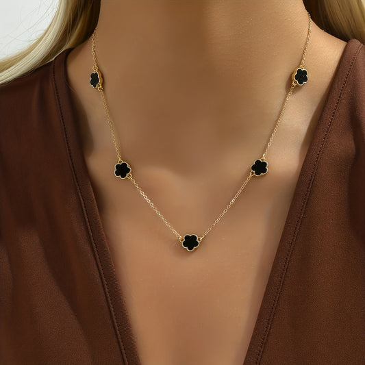 Black Niche Design Five Petals Flower Long Sweater Chain Necklace Autumn And Winter Decor Jewelry Gift