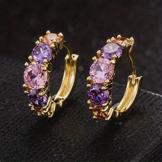 Plated Hoop Earrings With Colorful Zircon Inlaid Elegant Vintage Style Dating Wedding Earrings