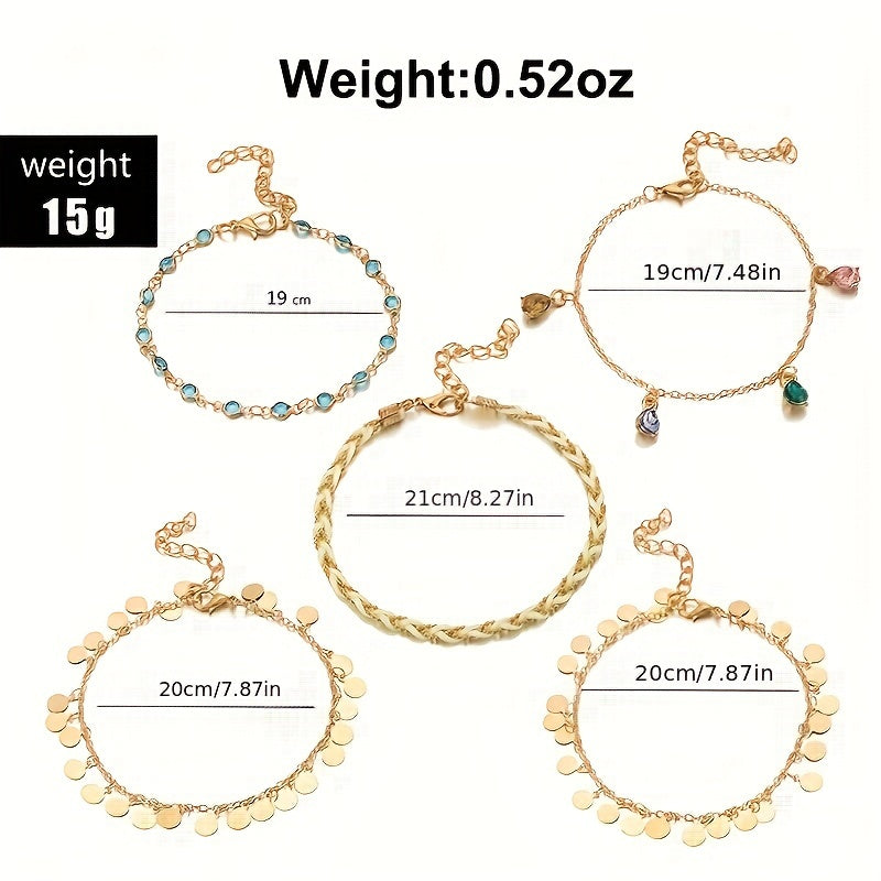 5pcs Thin Chain Anklet Coin Tassel Pendant Thin Chain Ankle Bracelet Set Stackable Foot Jewelry Set