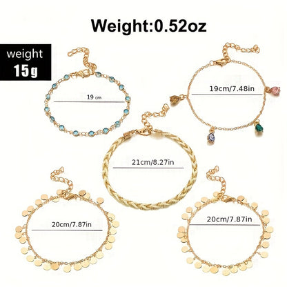 5pcs Thin Chain Anklet Coin Tassel Pendant Thin Chain Ankle Bracelet Set Stackable Foot Jewelry Set