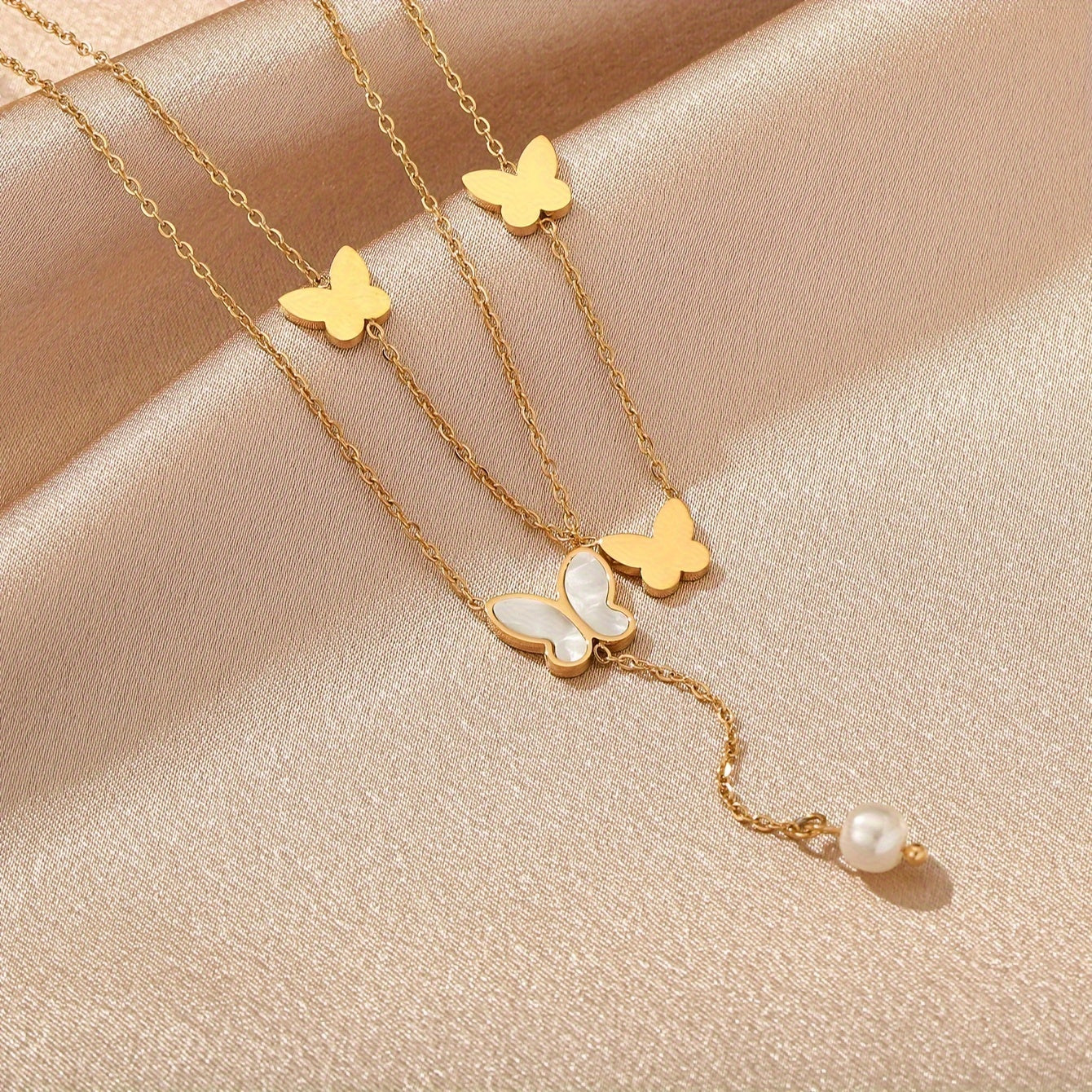 1pc Trendy Stainless Steel Double-layered Butterfly Pendant Necklace