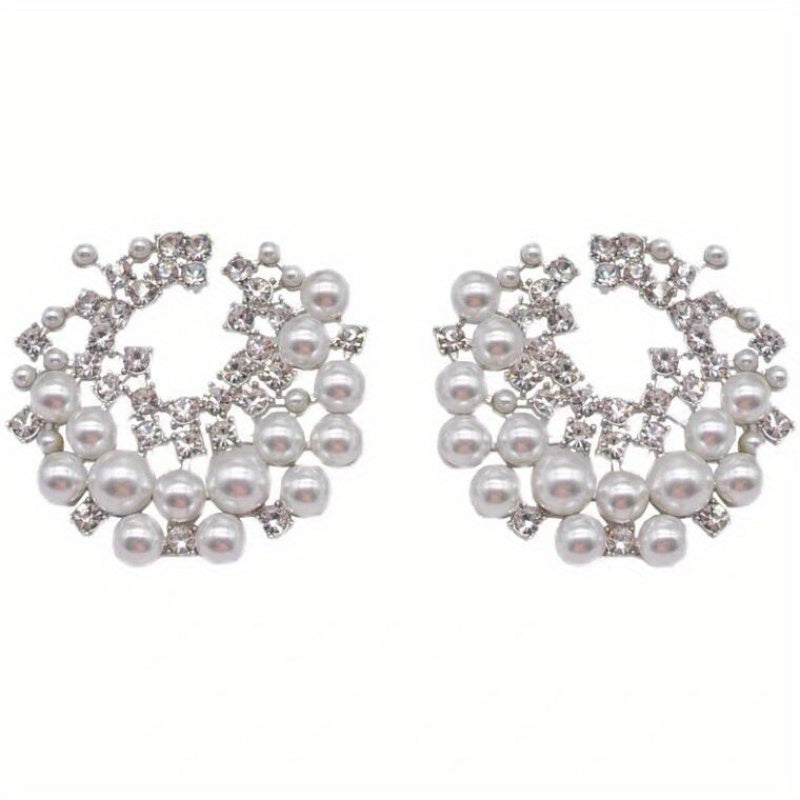 Silver Luxury C-shaped Pearl Earrings Round Zirconia Earrings