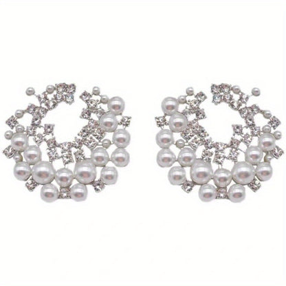 Silver Luxury C-shaped Pearl Earrings Round Zirconia Earrings