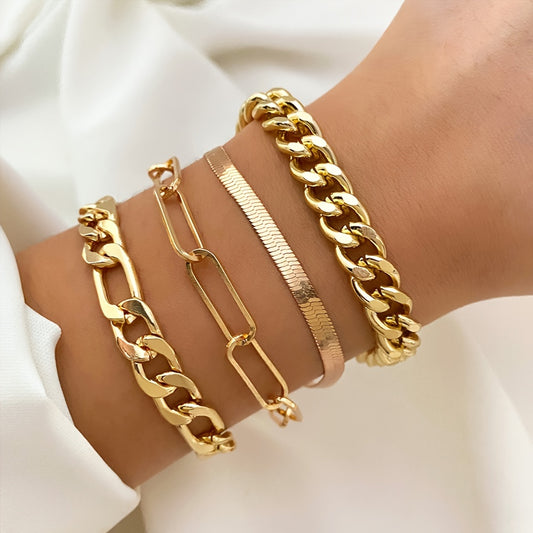 4pcs/set Vintage Simple Cuban Chain Bracelet Golden Classic Snake Chain Bracelet Women's Jewelry