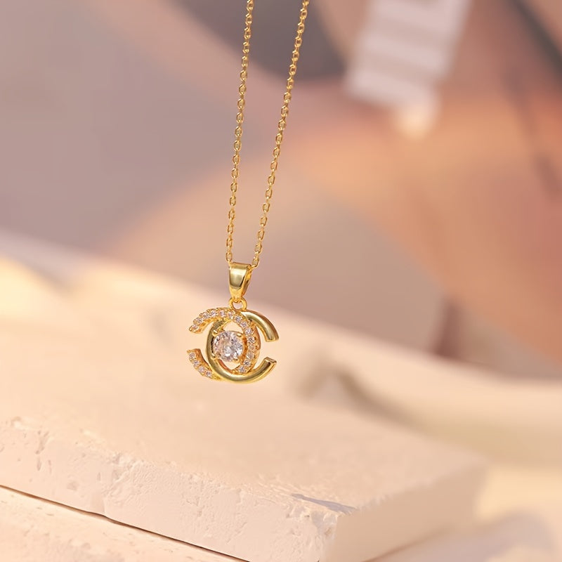 Double C Pendant Necklace With Synthetic Gems Decor, Elegant Style Alloy Clavicle Chain Female Accessories