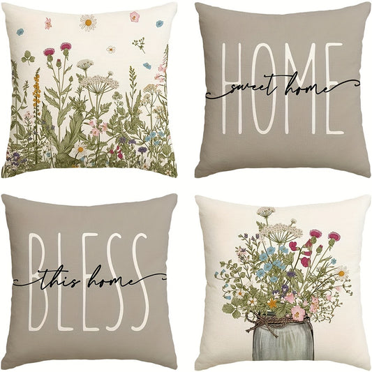 4pcs Spring Wildflowers Home Sweet Home Throw Pillow Covers, 45.72x45.72 Cm