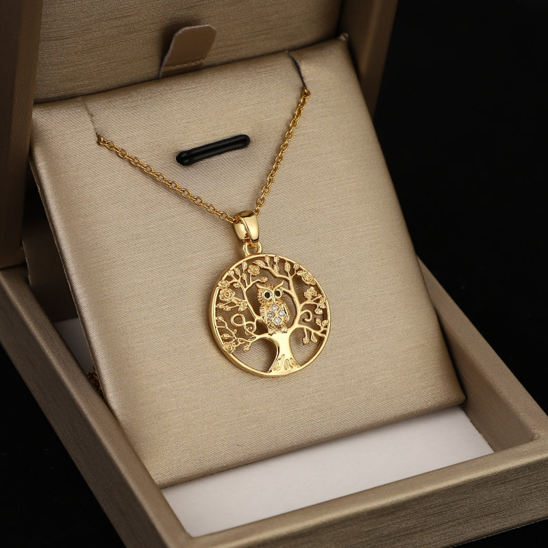 Delicate Hollow Animals Owl Tree Golden Round Pendant Necklace Jewelry