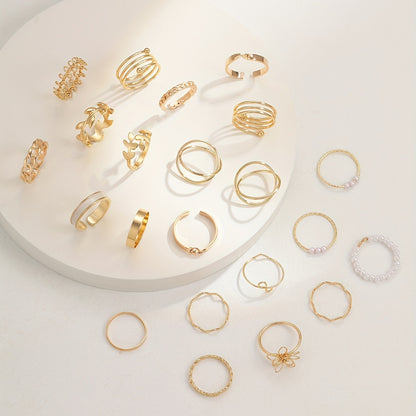 21pcs Boho Simple Golden Ring Set Flower Leaf Chain Faux Pearl Stackable