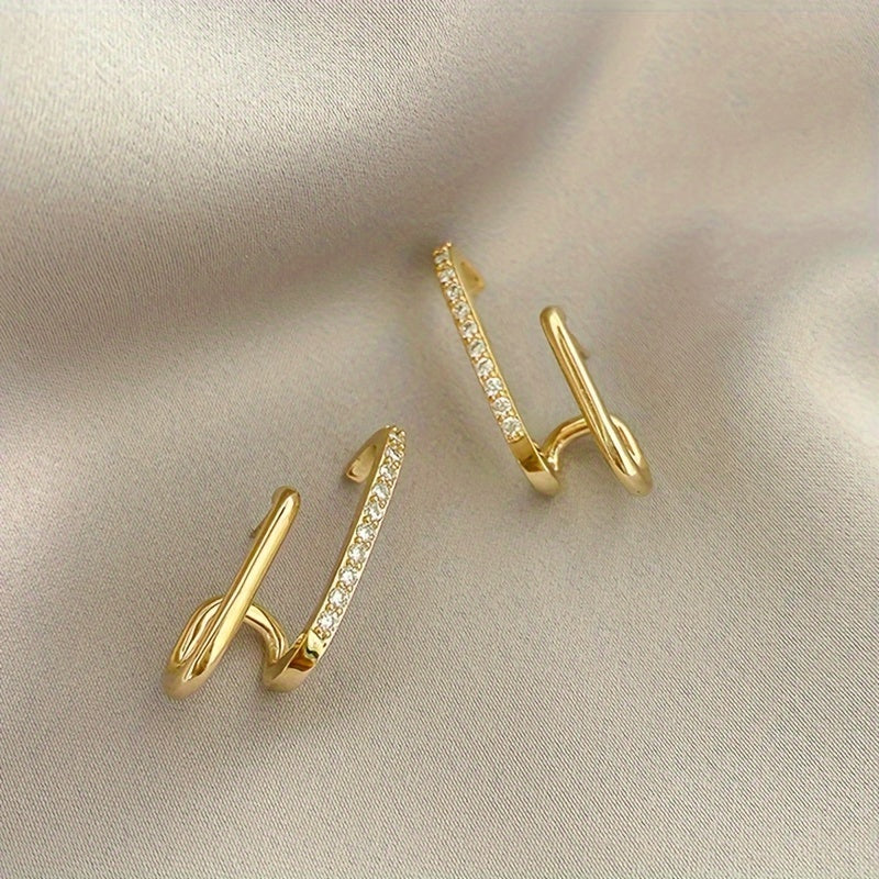 Tiny Double Geometric Line Design Stud Earrings Zinc Alloy Jewelry Rhinestones