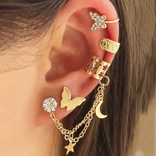 4pcs Star Moon Butterfly Ear Cuffs Set Trendy Golden Tassel Rhinestone Ear Clips Golden Stainless Steel Earrings