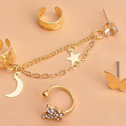 4pcs Star Moon Butterfly Ear Cuffs Set Trendy Golden Tassel Rhinestone Ear Clips Golden Stainless Steel Earrings