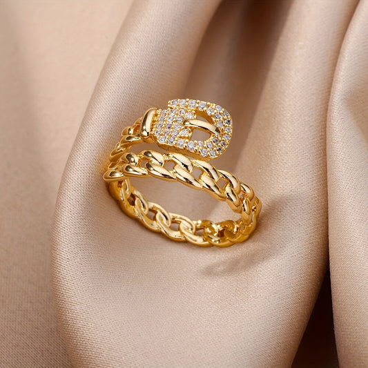 Luxurious Belt Ring Plated Inlaid Zircons Interlocking Ring Table Adjustable Cuff Ring