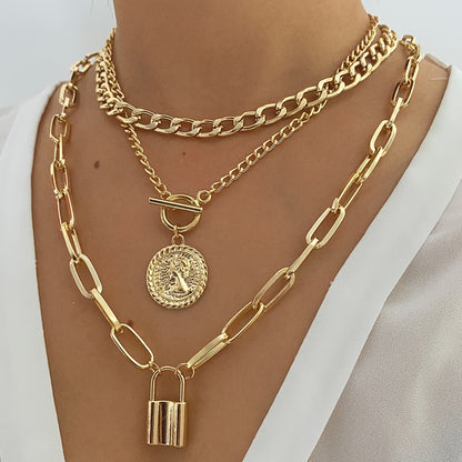 3pcs/Set Vintage Golden Coin Pendant Necklace Stackable Cuban Chain Necklace Women's Jewelry