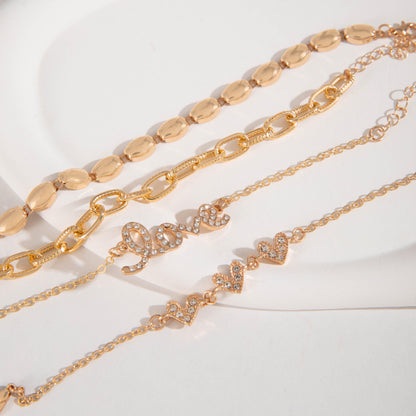 4pcs Chic Bracelets Trendy Chain, Love, Heart Design Paved Shining Stone
